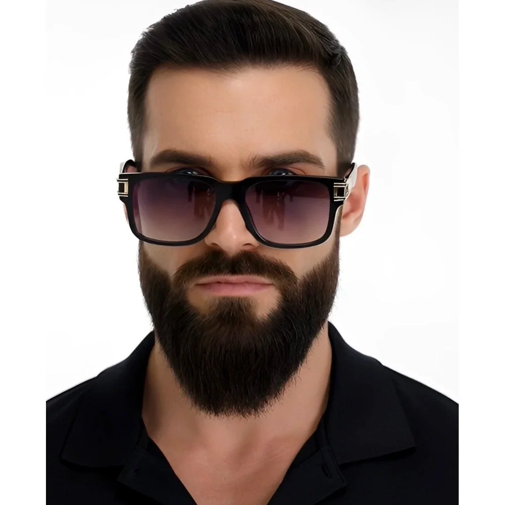 Square Sunglasses Black Frame Gold Accent Black‎ Lens Fashion Shades Street Wear